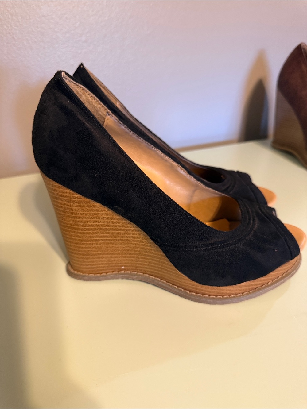 Splash Black Suede Peep-Toe Wedge Heels with Tan Stacked Wedge